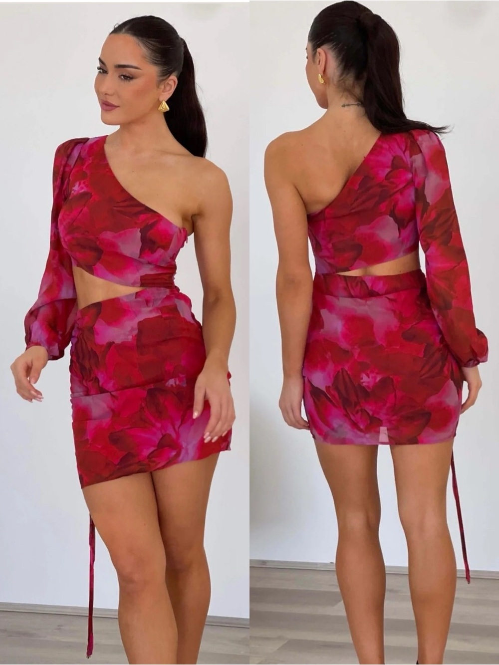 RUNAWAY THE LABEL Calista Mini Dress Pink Floral One-Shoulder Cutout XS SZ 2 NEW